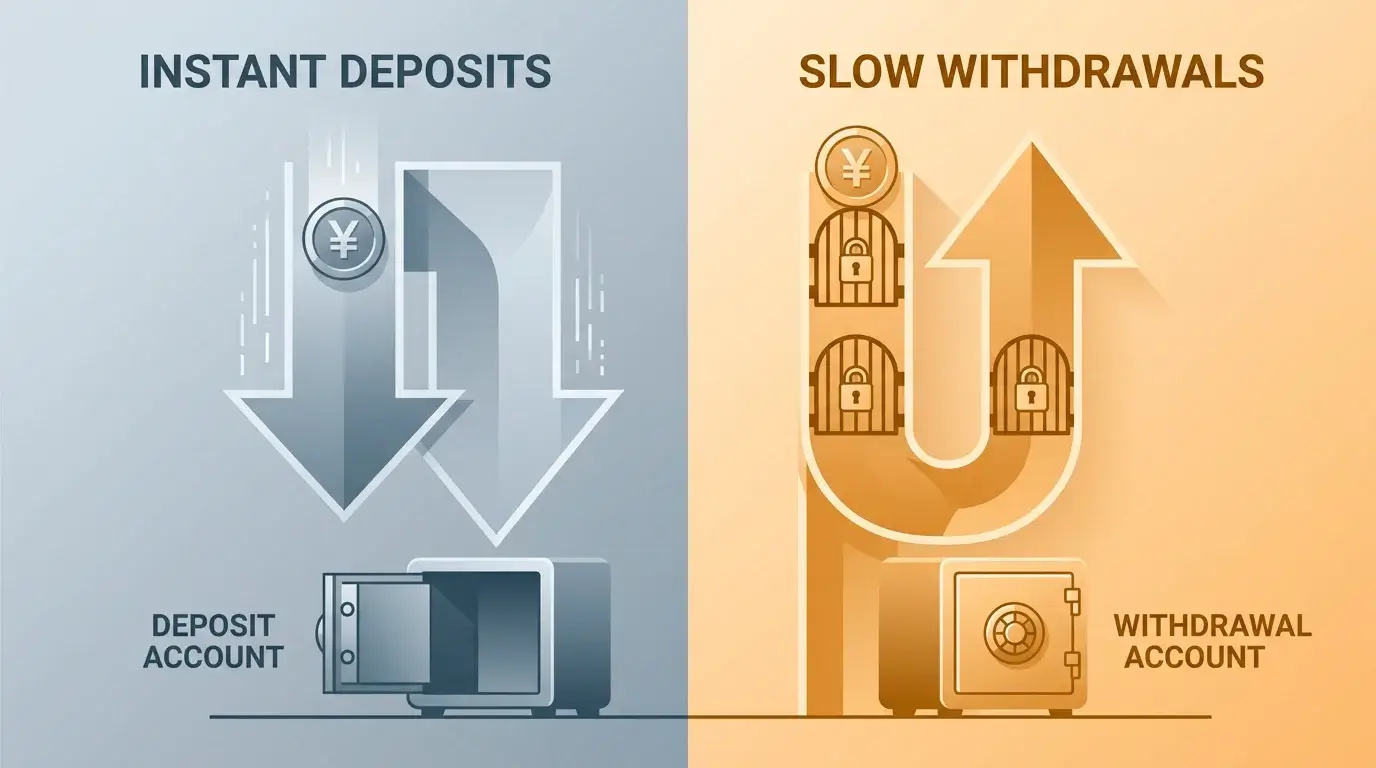 Contrast between an instant deposit and a slow, gated withdrawal at an offshore casino