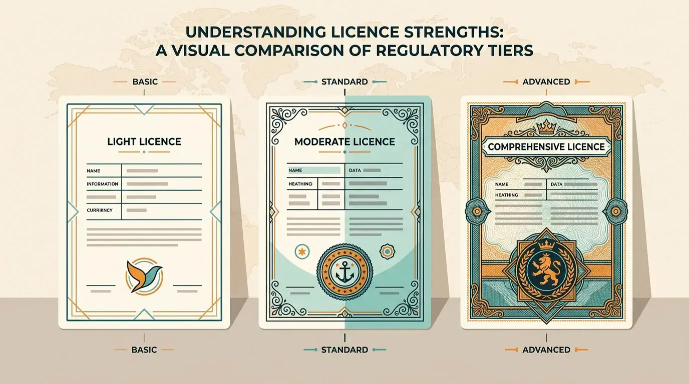 Comparison illustration of Curacao, Malta and Anjouan gambling licences and their relative strength