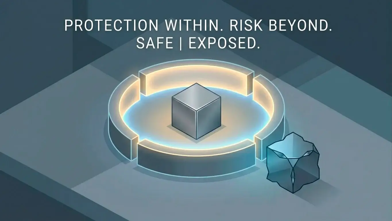 Illustration of a protective boundary with one player inside it and an offshore service positioned outside