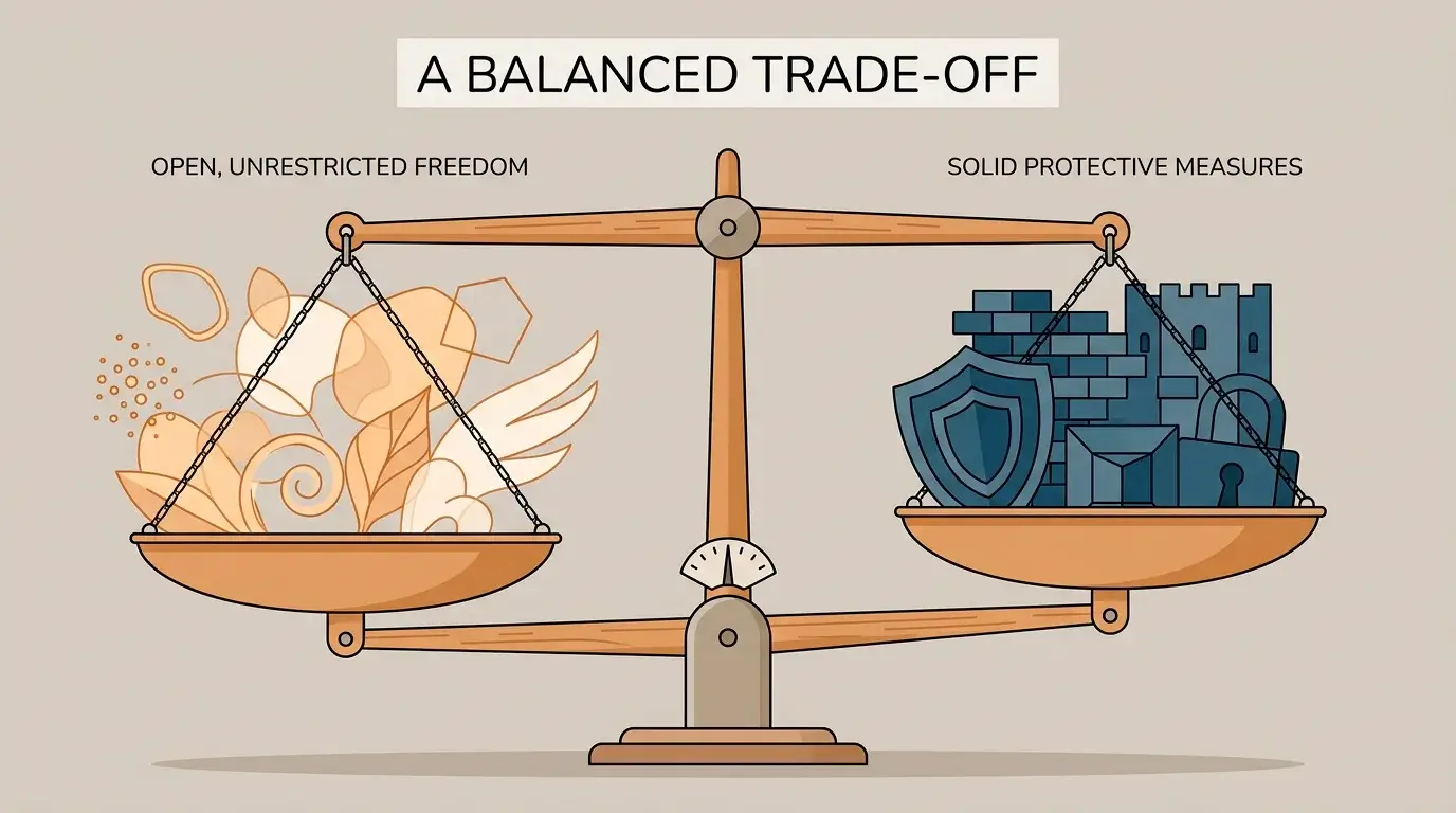 Balance illustration weighing fewer restrictions and bigger offers against reduced consumer protection