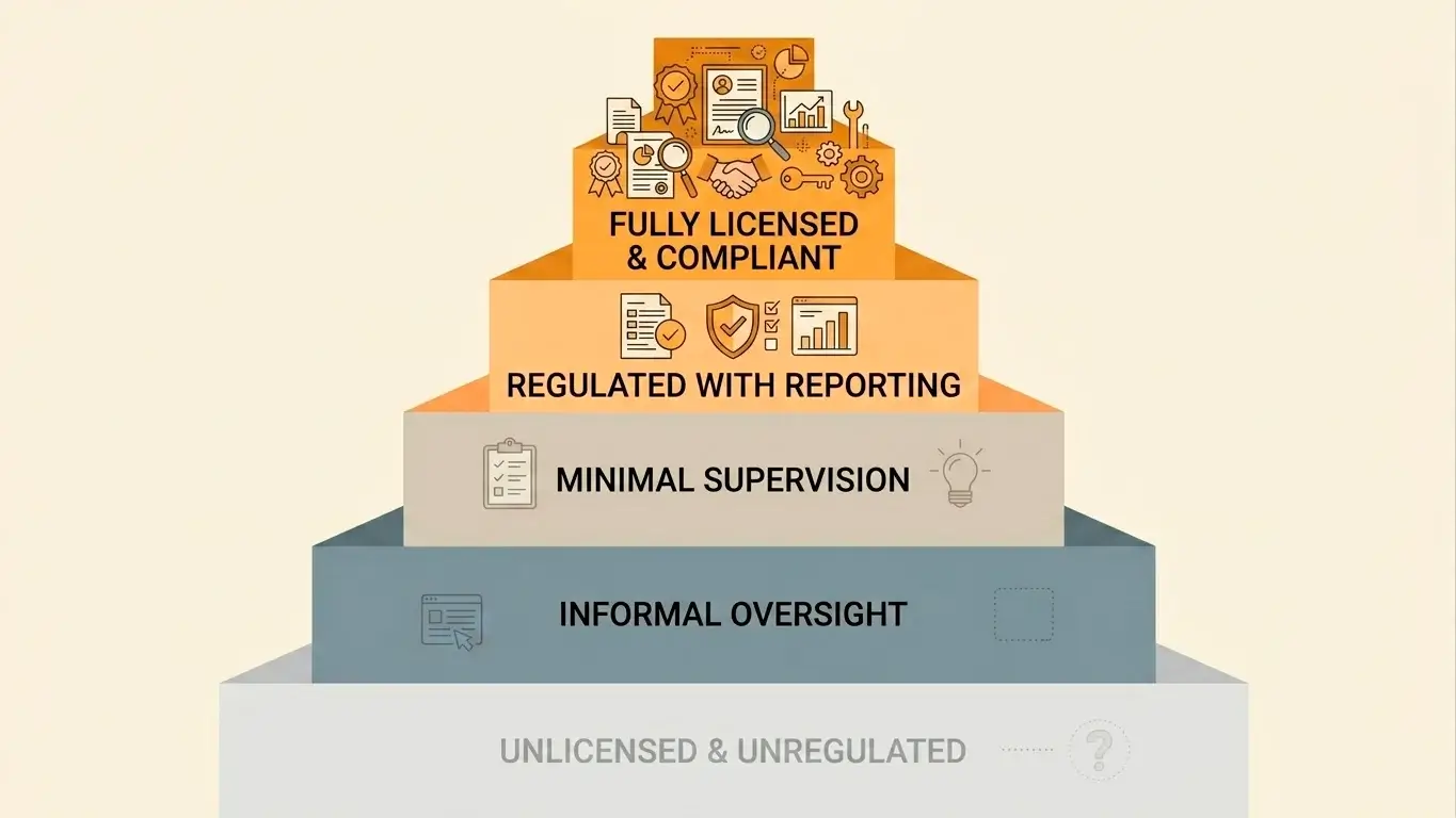 Tiered illustration showing offshore gambling jurisdictions ranked from stronger to weaker oversight