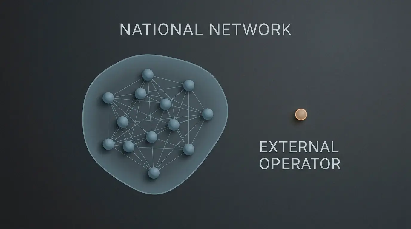 Illustration of a casino node sitting outside a bounded national network of connected operators