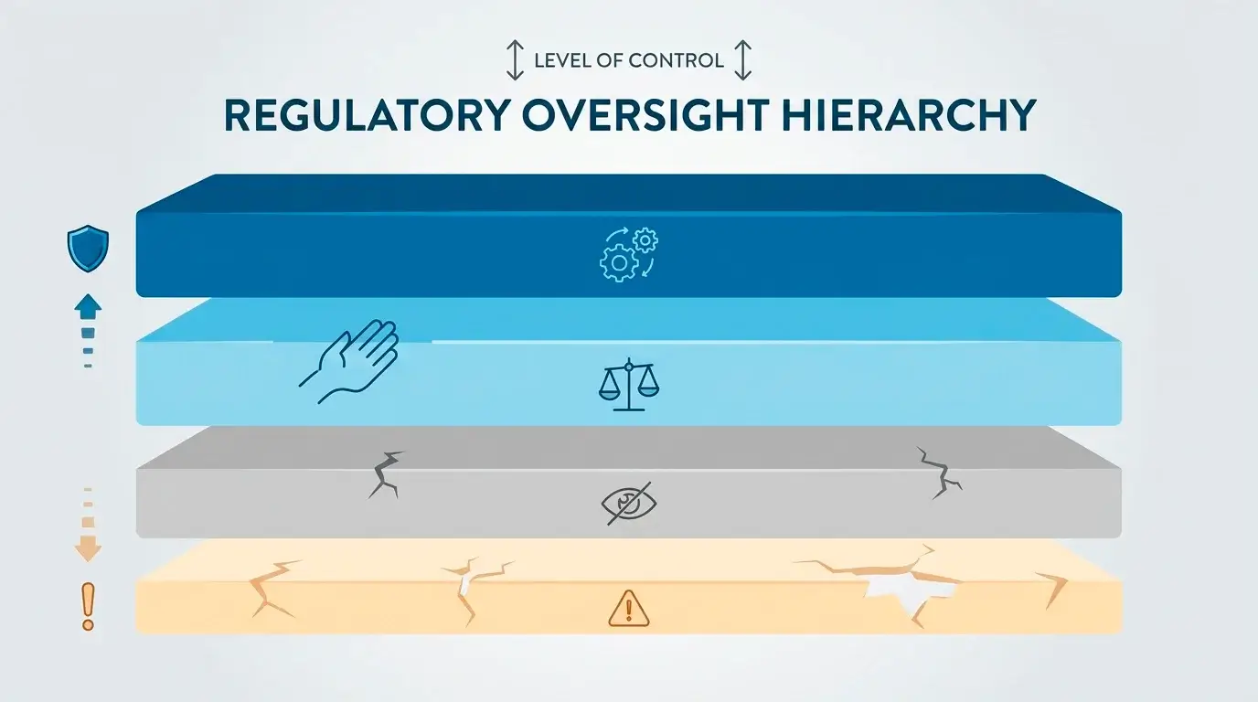 Ranked illustration of offshore licensing jurisdictions arranged from stronger to weaker oversight