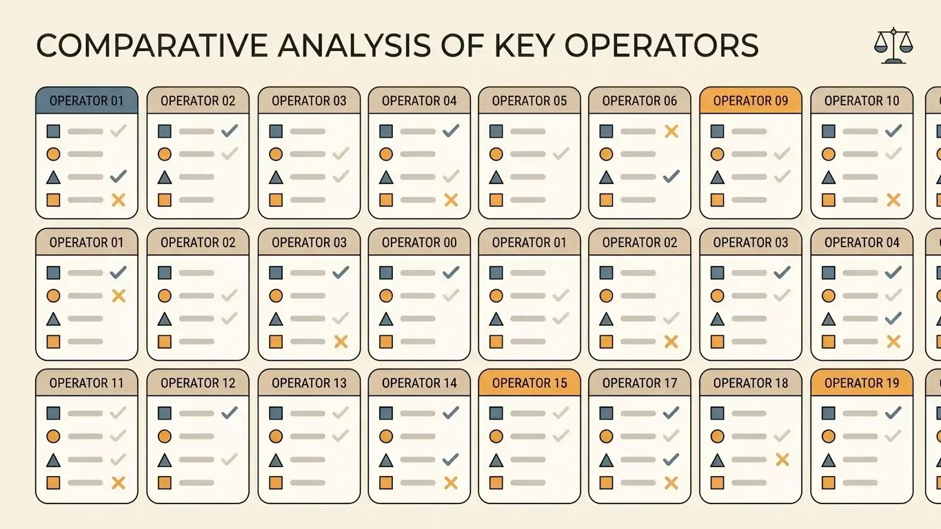 Neutral grid illustration representing a structured, even-handed comparison of offshore casino operators