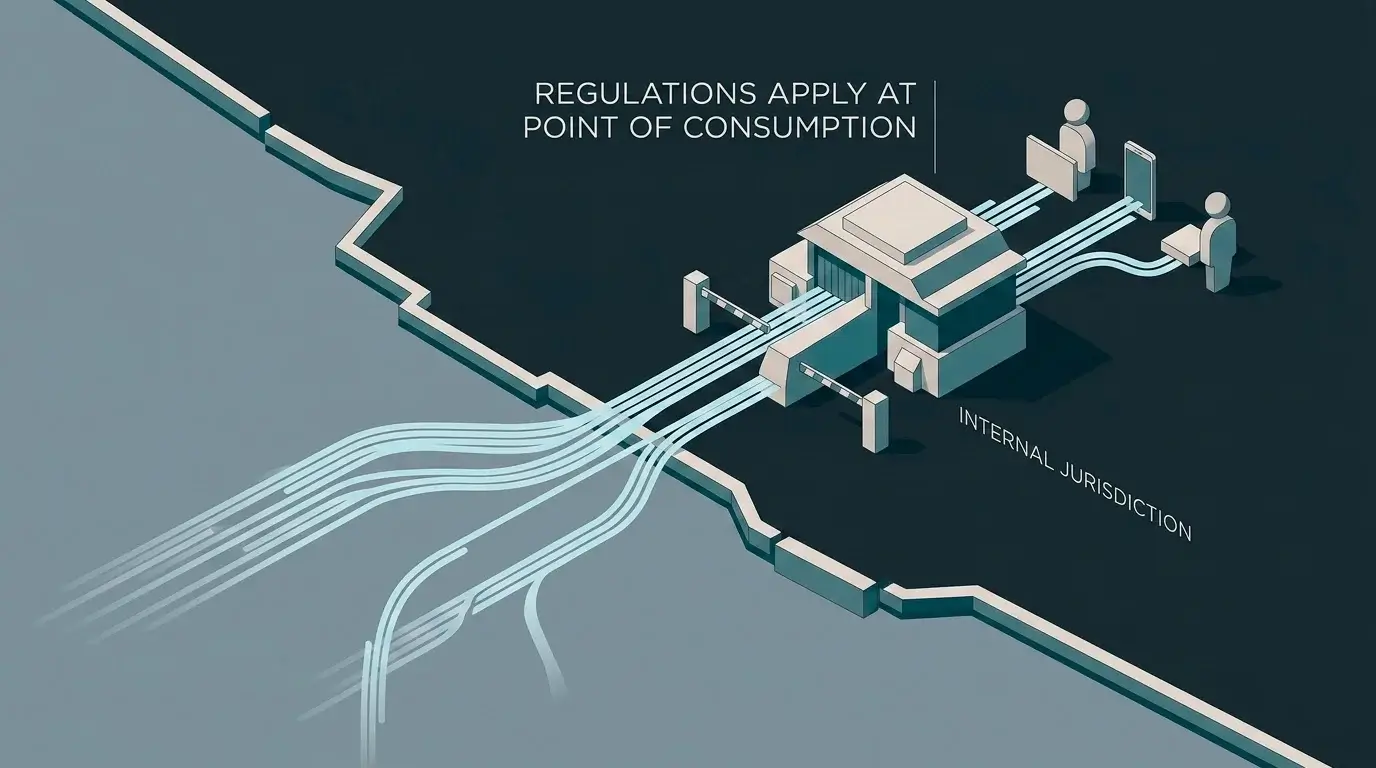 Conceptual image of a national border with a regulatory checkpoint applied to online services reaching consumers inside the country