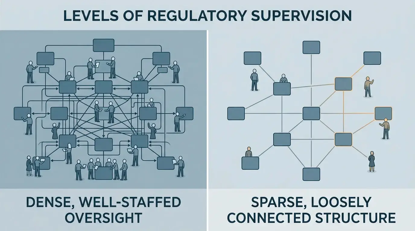 Two contrasting oversight structures, one tightly supervised and one loosely supervised, shown side by side