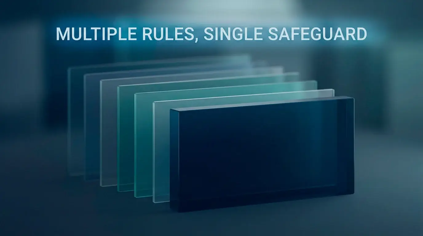 Layered illustration showing several regulated-market restrictions stacked behind a single self-exclusion barrier