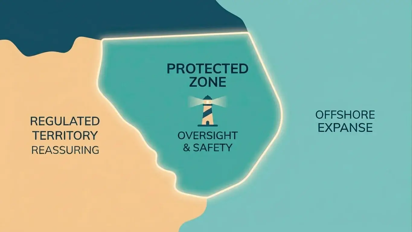 Diagram concept showing the boundary between UKGC-protected and offshore-licensed gambling territory