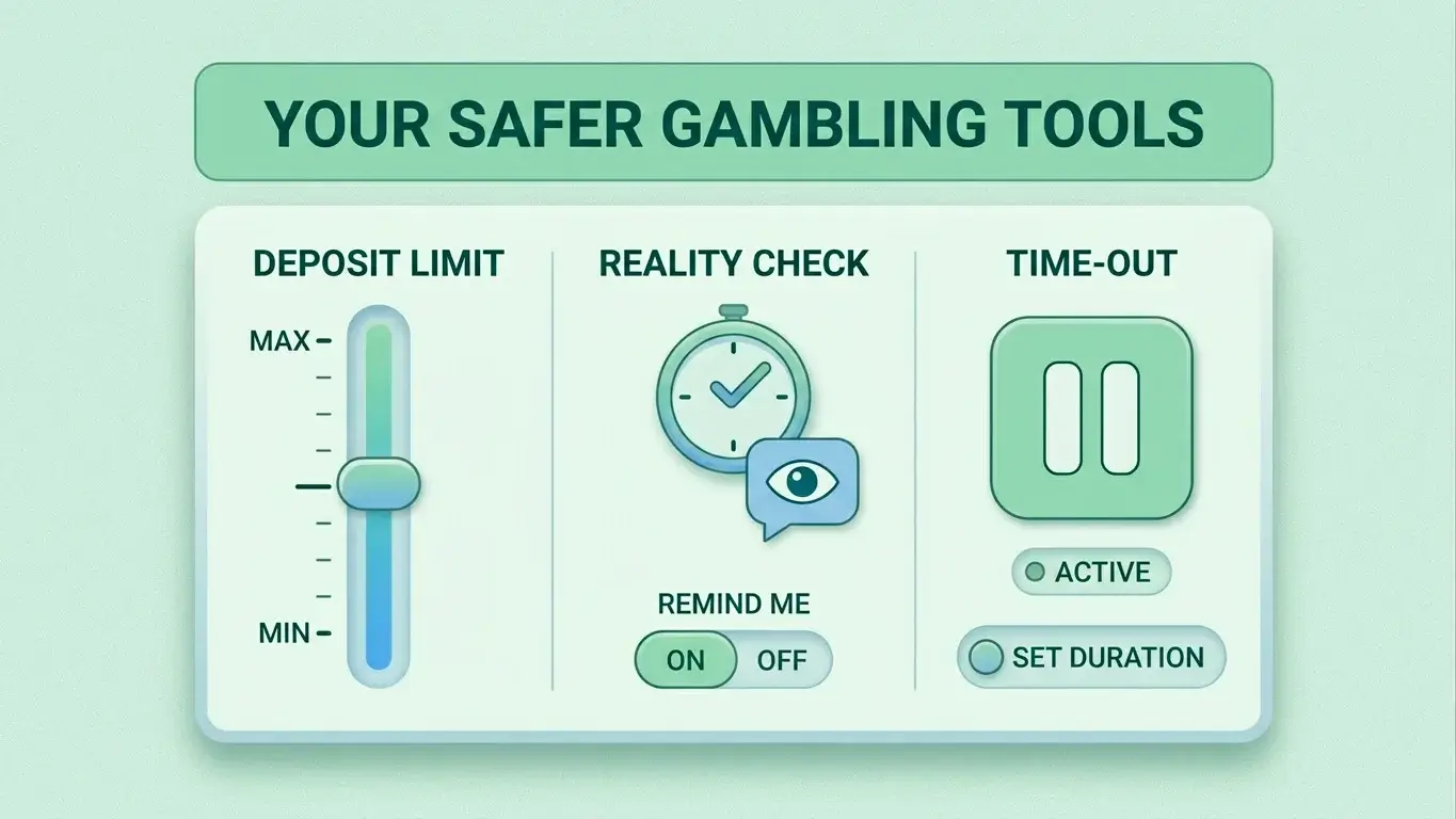 Responsible gambling tools on regulated UK sites including deposit limits, reality checks and time-outs